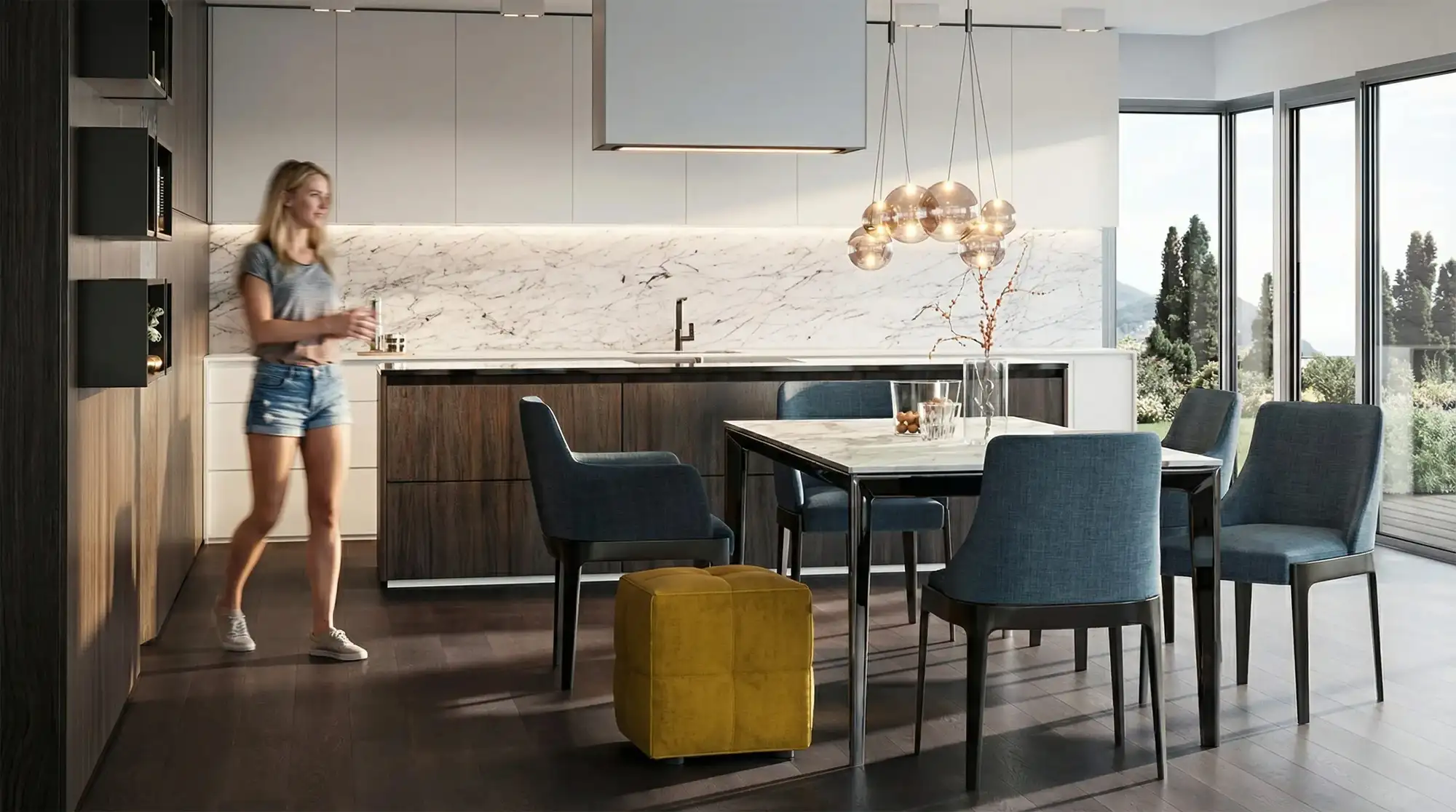 Open kitchen and dining lifestyle interior rendering