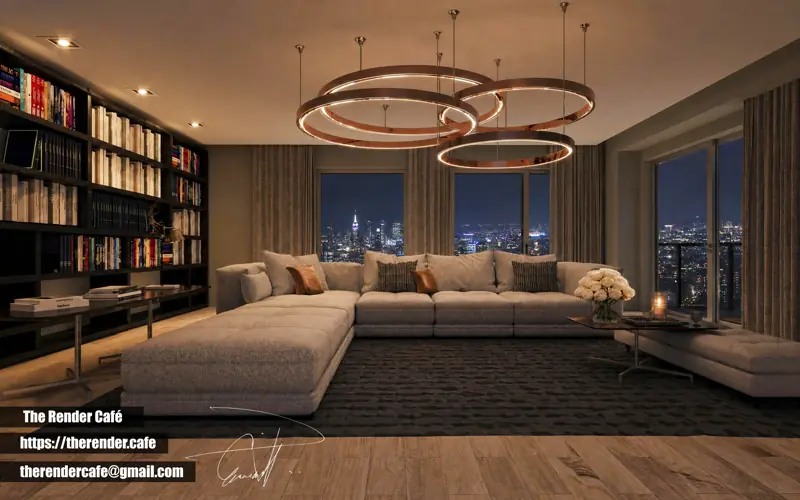 Cam Living 1 Night — architectural rendering by The Render Café — 3D rendering services Cincinnati