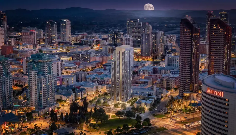 San Diego night skyline exterior architectural rendering — The Render Café